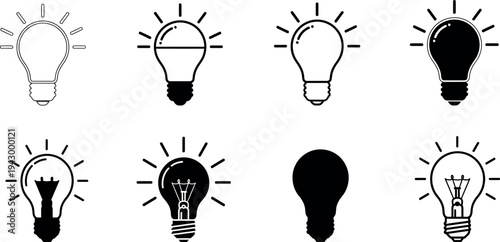Collection of various light bulb illustrations in black and white