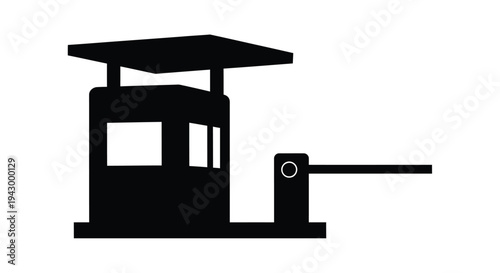 A black guard booth with a barrier arm flat design silhouette