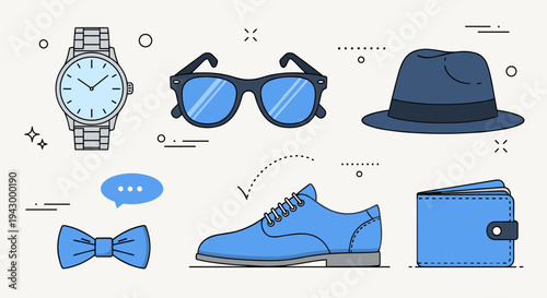 A stylish collection of men's fashion accessories including a watch, sunglasses, and a hat in a minimalist style