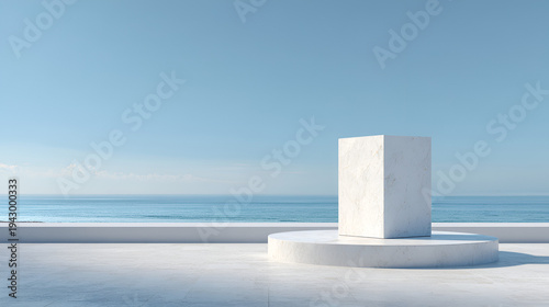 White concrete cube and round podium on a sunlit terrace overlooking a calm sea and clear horizon, minimalist outdoor display for product mockups and modern lifestyle scenes