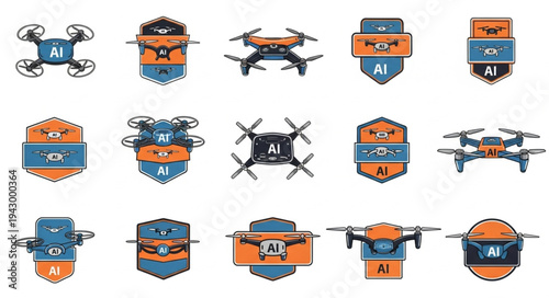 Collection of drone icons with AI symbol and shield emblems.