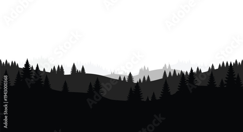 Dramatic forest landscape with dark trees and rolling hills silhouette