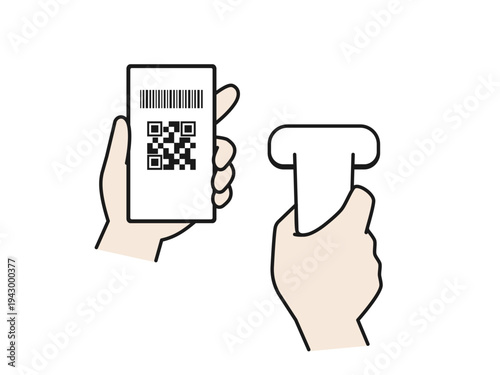 バーコード決済 スマートフォンとスキャナーを持った手元