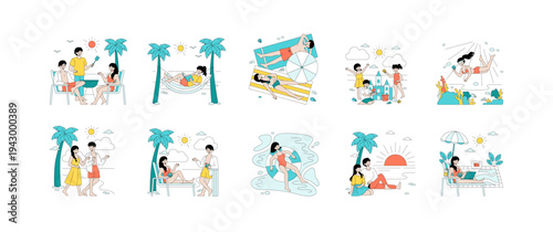 Summer Vacation Activities Vector Illustration Set