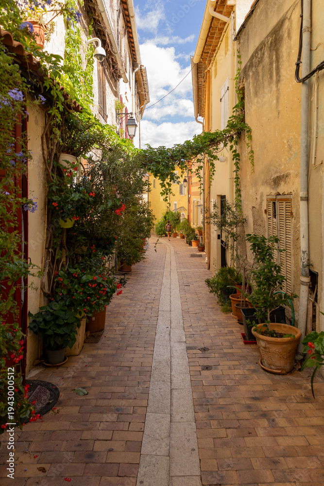 Fototapeta premium Cassis, France, September 09 2024 Sunlit Cobblestone Street in a Charming Mediterranean Village With Yellow Houses and Potted Plants