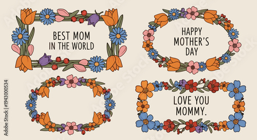 A colorful collection of floral wreaths with heartfelt Mother's Day messages in a modern, flat design