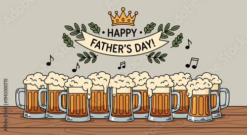 A festive illustration featuring beer mugs with foamy tops, decorated for Father's Day in a playful, flat style