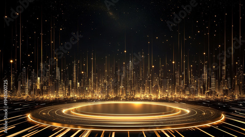 Illuminated platform against a black and gold city skyline background