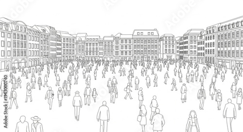 Sketch of a bustling city square filled with many people.