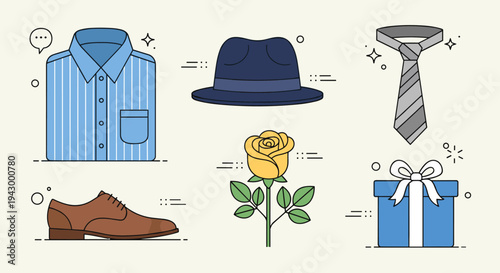 A stylish collection of clothing and accessories including a shirt, hat, tie, shoes, rose, and gift box in a flat design