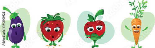 A set of vegetable and berry symbols expressing various emotions. Strawberry, carrot, apple, cherry, eggplant