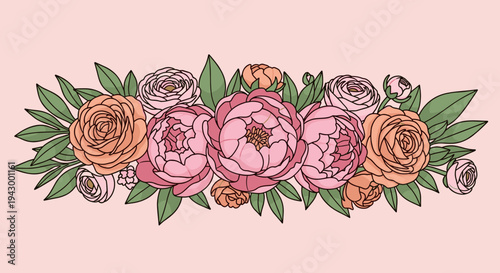 Beautiful floral arrangement featuring peonies and roses in a modern, flat style on a soft pink background