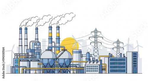 Industrial Factory with Power Lines.