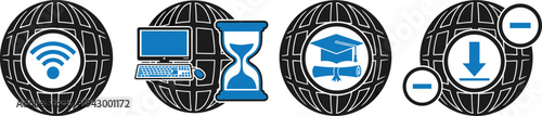 Global network icons featuring globe with wifi computer hourglass graduation cap and download symbols