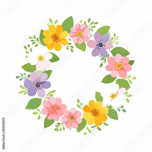 Colorful Floral Wreath with Pink Yellow and Purple Spring Flowers, Hand-Drawn Circular Botanical Frame for Wedding Invitations Greeting Cards and Decorative Nature Designs