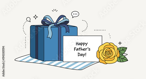 A colorful gift box with a blue ribbon and a greeting card, featuring a rose, in a playful, modern style