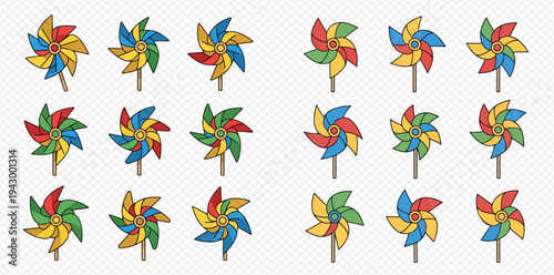 Colorful pinwheels in various designs and colors, a playful and vibrant collection of wind-powered toys.