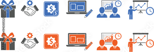 Set of business presentation icons includes gift box handshake dollar gear laptop charts