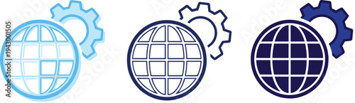 Set of globe and gear icons flat outline and solid design globe settings icon concepts