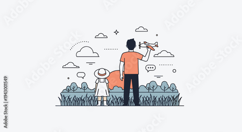 A father and child watching an airplane in the sky, illustrated in a modern, flat style, ideal for family-themed designs