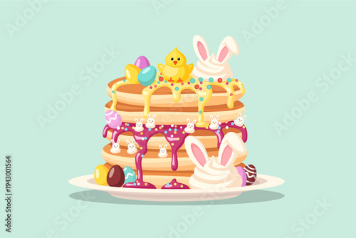 Easter Pancakes Stack with Bunny Ears, Chick, and Colorful Chocolate Eggs Illustration