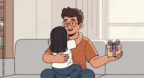 A joyful scene of a parent embracing a child while presenting a gift, illustrated in a modern, flat style