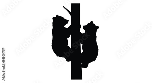 Two bear cubs playfully climbing a tree a striking silhouette