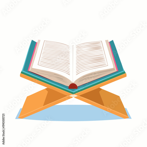 Holy Quran Open on a Traditional Wooden Rehal Stand, Islamic Religious Scripture with Arabic Calligraphy, Vector Illustration for Ramadan and Eid Celebrations