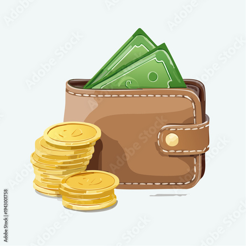 Leather Wallet with Gold Coins Illustrating Personal Finance, Payday Concept, and Budget Management for Monthly Expenses and Savings Vector Illustration