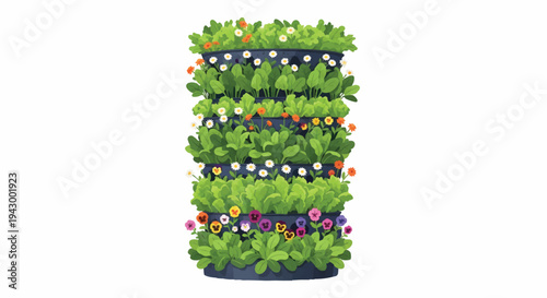 Vertical garden with colorful flowers and green leaves
