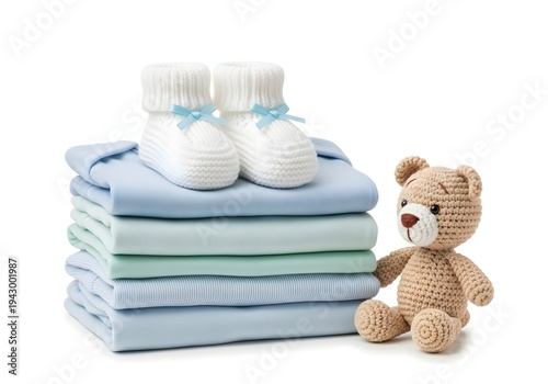 A stack of baby clothes and a teddy bear on a white background