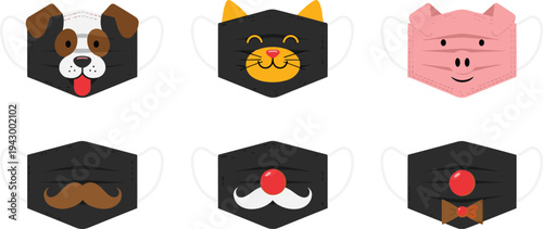 Funny face mask icons set, animal and clown themed protective masks collection creative cartoon style design, flat vector illustration