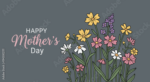 A vibrant floral arrangement featuring various flowers with a 'Happy Mother's Day' greeting in a modern style