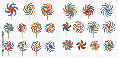 Set of colorful pinwheels, wind spinners, and whirligigs in various styles and colors, isolated on a transparent background.