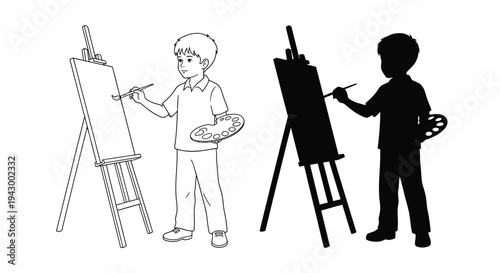 Young artist painting at an easel with its dark silhouette