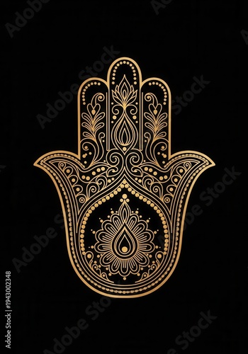 Intricate golden ornamental hand of fatima design set against a solid black background