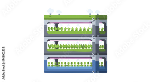Hydroponic farm with rows of leafy greens growing in vertically stacked layers