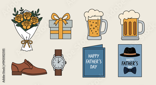 A collection of Father's Day themed illustrations featuring gifts, beer, and accessories in a modern flat style