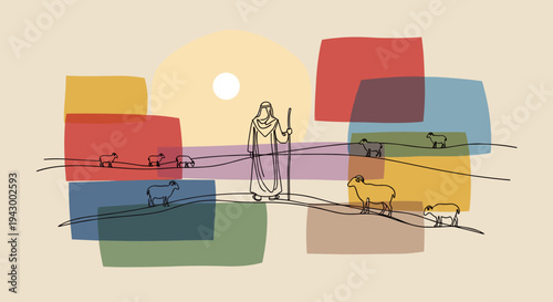 A minimalist line drawing of a shepherd with sheep, set against colorful abstract shapes, ideal for artistic projects