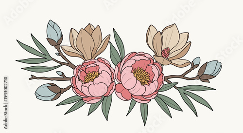 A beautiful floral arrangement featuring pink peonies and blue buds in a modern, minimalist style