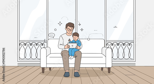 A father and son sitting on a couch, engaging with a tablet in a modern, minimalist living room