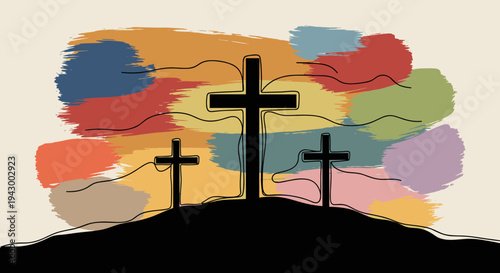 Three stylized crosses on a hill with an abstract colorful background, ideal for religious themes