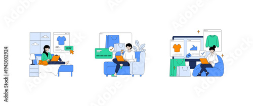 Online Shopping at Home Vector Illustration Set