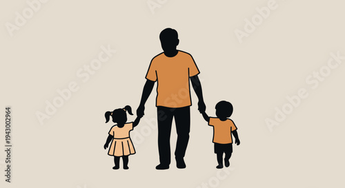A silhouette of a parent holding hands with two children in a minimalist style, suitable for family themes
