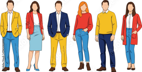 Vector illustration of diverse people wearing colorful casual and business outfits including blazers sweaters trousers and trendy red jumpsuit set (20 words)