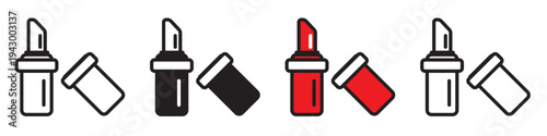 Lipstick icon set in line and solid styles with editable stroke, isolated on a transparent background. Minimal cosmetic symbols suitable for beauty apps, makeup packaging, salon branding, websites