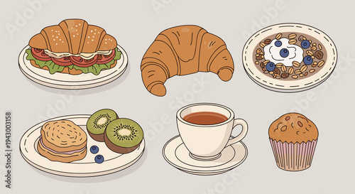 A delicious assortment of breakfast foods including pastries, fruit, and coffee in a flat style