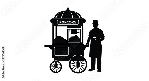 Vintage popcorn cart and vendor in a striking black silhouette