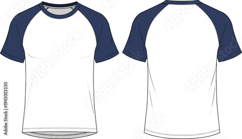 Front and back view of a men's raglan t-shirt technical sketch template with navy blue sleeves by flavector.