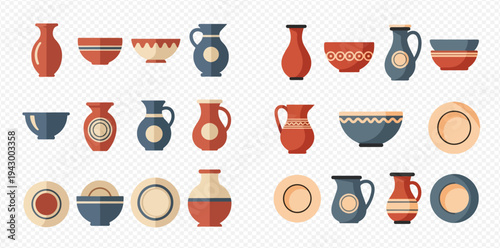 Collection of traditional ceramic pottery and earthenware vessels with decorative patterns.